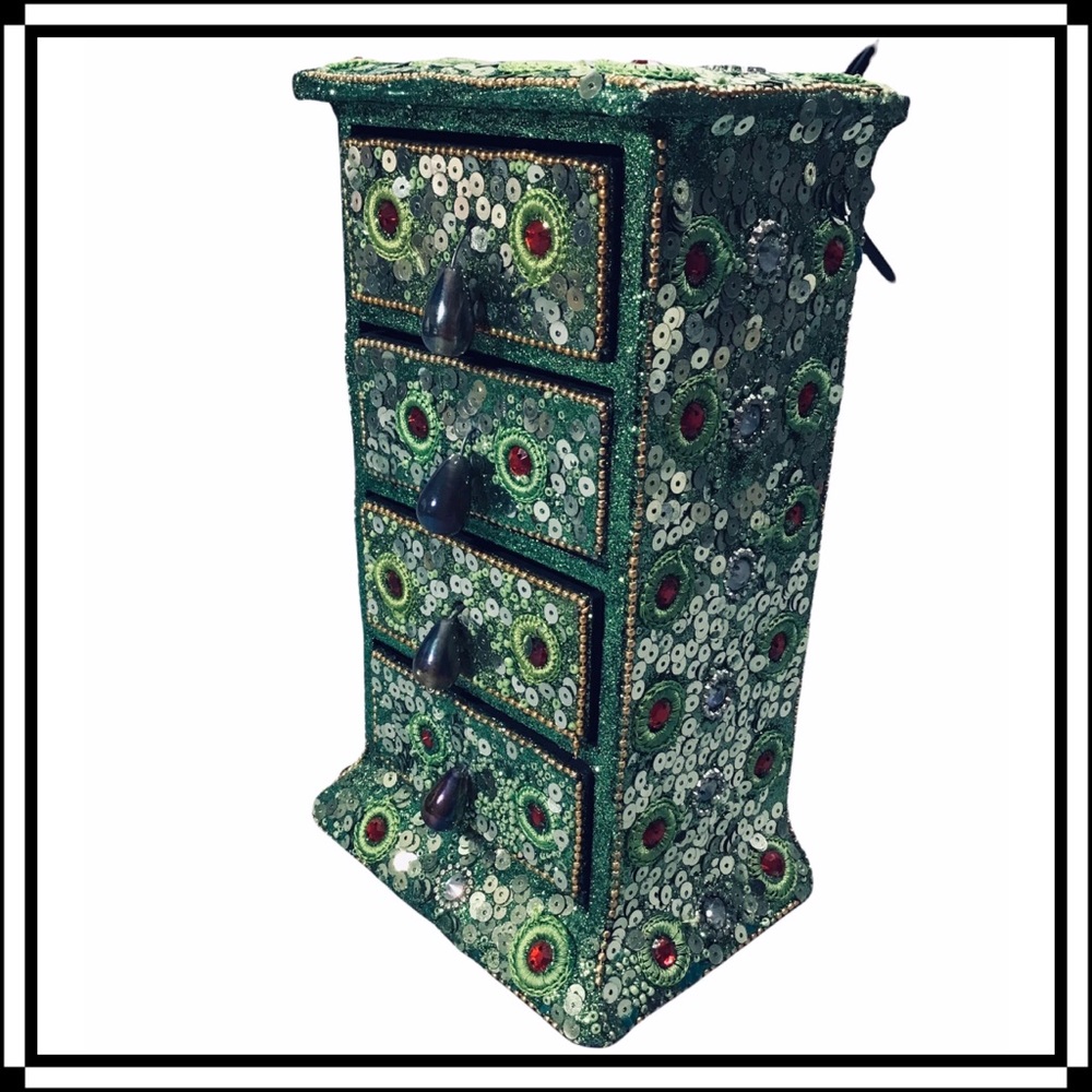 Sequined Jewelry Box w/ 4 Drawers 8.5”H x 5”W